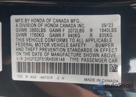 2024 Honda Civic Sport z USA, uszkodzony, nr VIN 2HGFE2F51RH506148